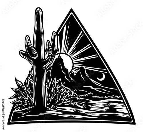 Elegant Illustration of a Desert Landscape with a Cactus and Mountain Silhouette