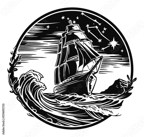 Sailboat Engraving Against Starry Sky and Turbulent Waves in Black and White