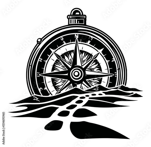 Vintage Compass Engraving with Detailed Navigation Elements and Natural Landscape