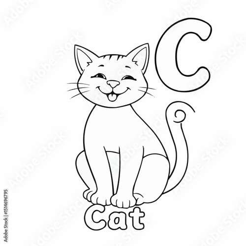 Charming cartoon cat with big eyes and playful expression illustrating the letter C in a fun educational setting
