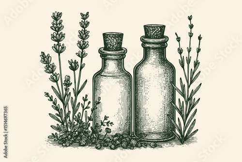 herbal bottles and plants engraving style black vector illustration

