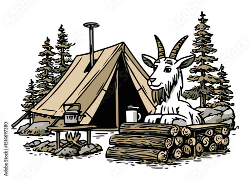 Adventurous Camping Scene with Mountain Goat in Nature Illustration