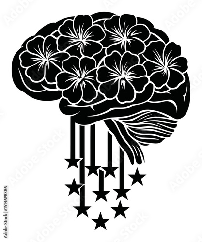 Intricate Black and White Illustration of a Brain Surrounded by Flowers and Stars