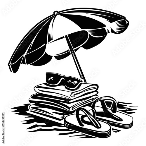 Black and White Illustration of Beach Umbrella with Towels and Flip Flops