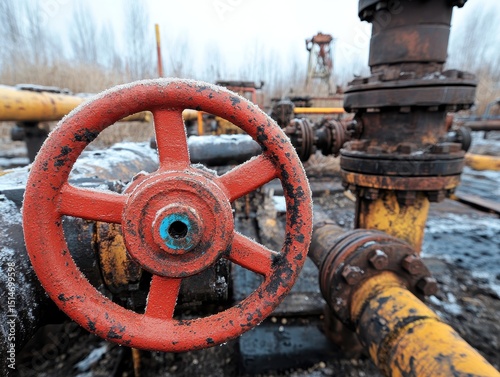 Rusty, weathered valve wheel in icy, industrial oil field setting.