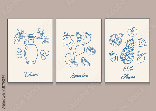 La dolce vita doodles banner or poster set with fruits and olive oil. Vector illustration hand drawn posters. Wall art prints decor. Illustration for invitations and much more	

