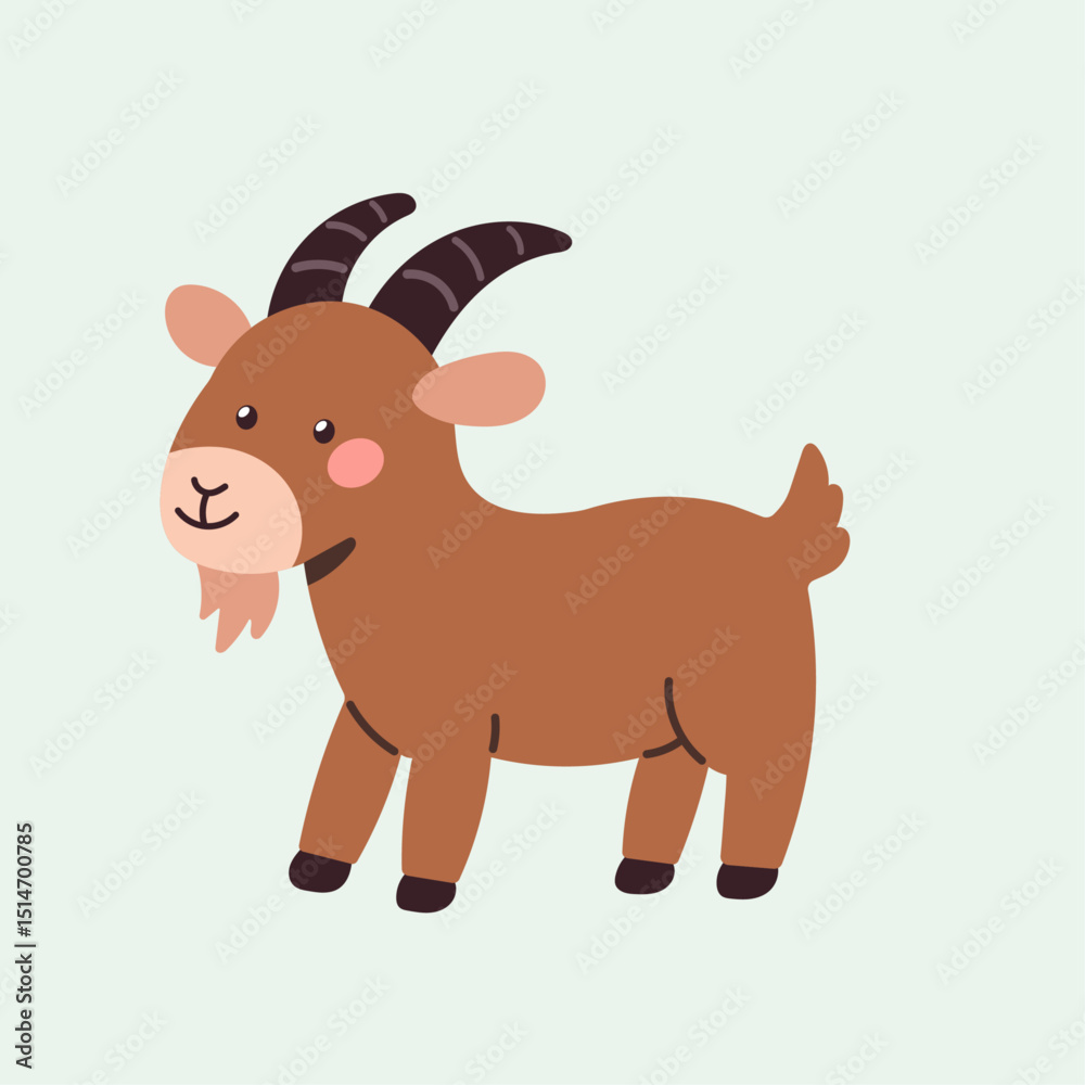 Obraz premium A friendly, flat vector illustration of a brown goat. This adorable farm animal character is perfect for children's designs, mascots, or educational materials.