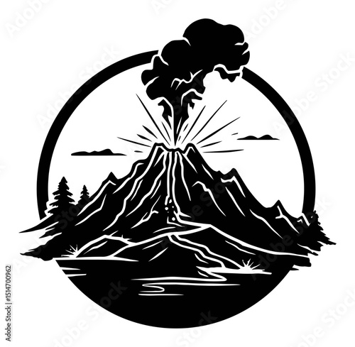 Dramatic Black and White Engraving of Erupting Volcano Surrounded by Nature