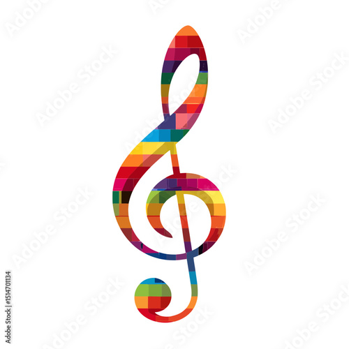 Music notes with rainbow stripes and equal sign treble clef, flat design.
