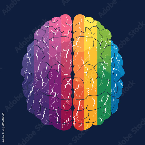 Stylized brain with sections colored as different pride flags, neural sparks