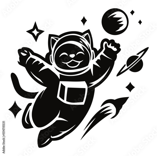 Playful Cat Astronaut in Space Engaging with Planets and Stars in Illustration