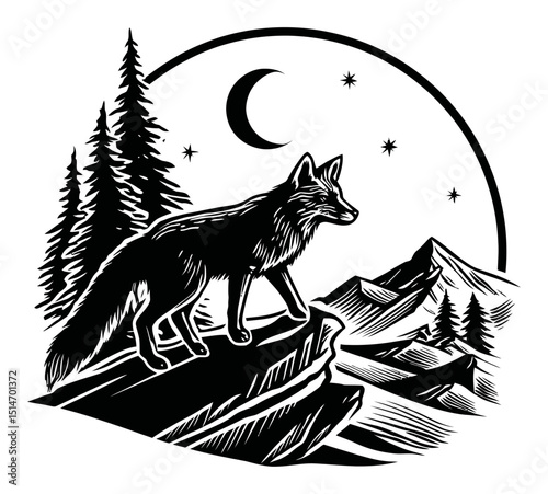 Majestic Fox Engraving in Natural Landscape with Moon and Stars Illustration
