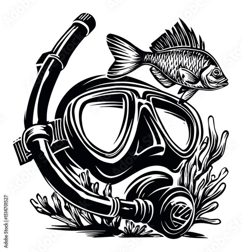 Detailed Black and White Engraving of a Snorkel and Fish Over Coral Reef Scene