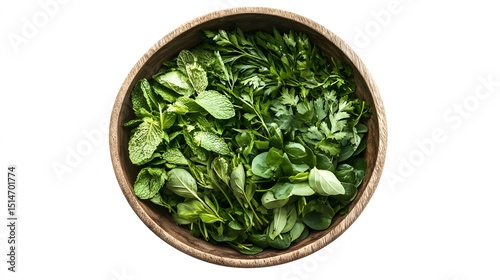 A bowl of pho with fresh herbs, isolated, no text or logo