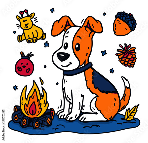 Cute Cartoon Dog Sitting by a Campfire Surrounded by Playful Doodles and Nature Elements