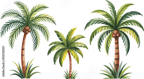 Tropical Palm Trees with Coconuts on White Background; Exotic Summer Island Nature Illustration; Jungle Beach Flora; Green Leaves Vector Art for Travel and Vacation Design