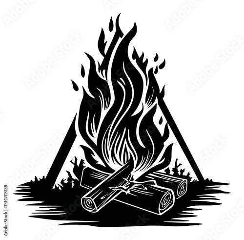 Black and White Illustration of a Campfire with Logs and Flames in Simple Style