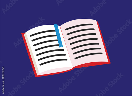 Book icon clipart with illustration, open book cartoon vector isolated on blue background.