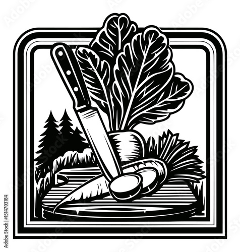 Detailed Black and White Illustration of Knife, Carrots, and Vegetables on Wood