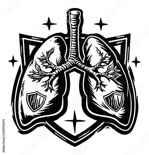 Detailed Engraving of Lungs with Artistic Elements and Decorative Shields