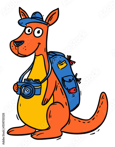 Colorful Cartoon Kangaroo with Camera and Backpack for Fun Travel Adventures