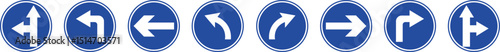 Road sign icon set.Direction of movement. Warning different road sign.Permitted directions of movement at intersections, junctions and other sections of the road.Warning sign, attention road sign.
