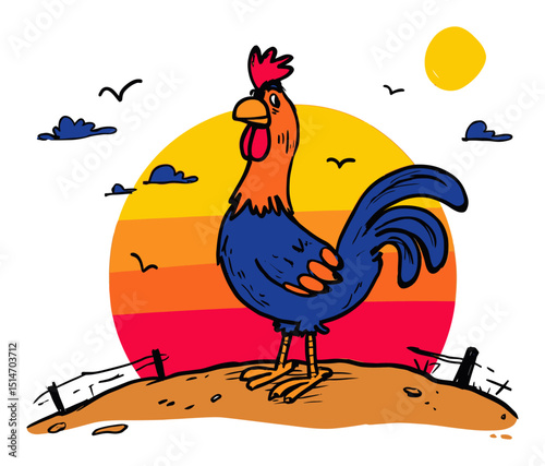 Colorful Rooster Standing Proudly on a Hill at Sunset with Vibrant Sky