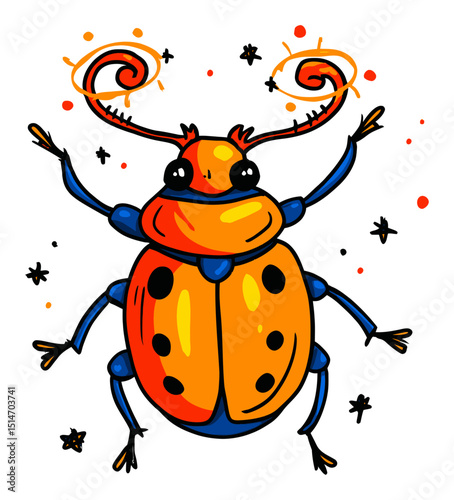 Vibrant Insect Illustration Featuring Colorful Beetle with Spiraled Antennae and Spots