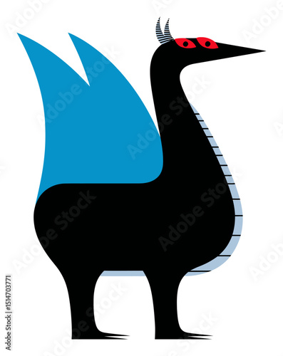 Abstract Black Creature with Blue Wings and Red Eyes in a Minimalist Artistic Style