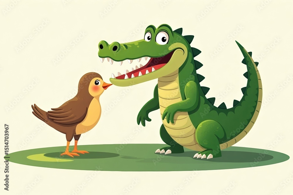 Fototapeta premium Cheerful Crocodile and Singing Bird Standing Together on Green Grass