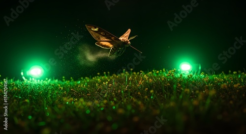 Night Flight of a Hawk Moth: Green Illumination and Grassy Meadow