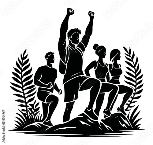 Group of Athletes Celebrating Success in Nature with Victory Pose Illustration