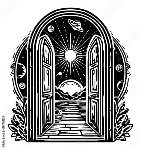 Surreal Illustration of Open Doors Leading to Celestial Landscapes and Planets