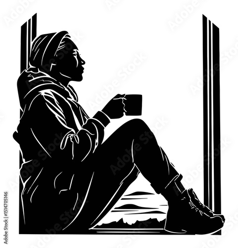 Silhouette of Woman Drinking Coffee While Relaxing by Window in Cozy Setting