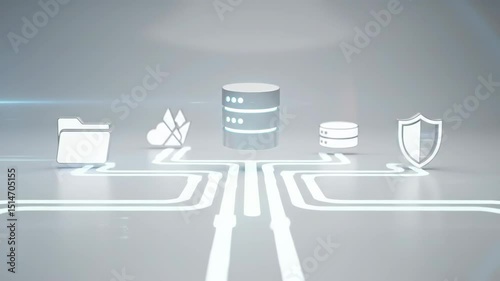 Concept of data server and database storage. Server icon with symbols of security and information protection. Cloud computing infrastructure for digital technology in white space footage.