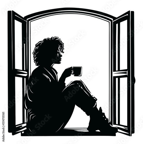 Serene Silhouette of a Person Holding a Cup by an Open Window, Engraving Style