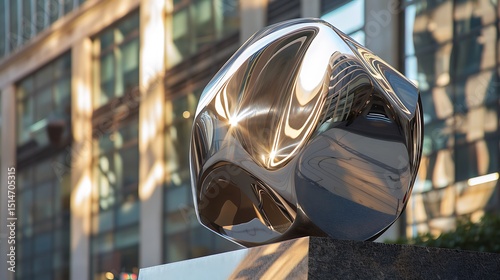  A close-up of a modern sculpture made of polished steel, reflecting the surrounding 