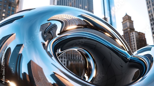  A close-up of a modern sculpture made of polished steel, reflecting the surrounding cityscape