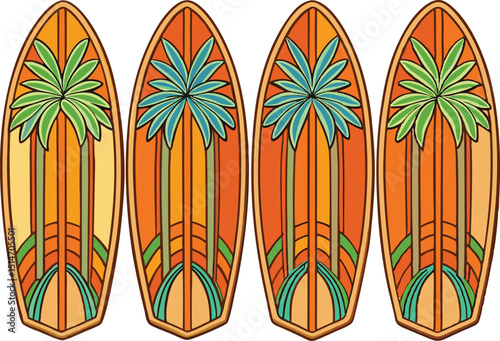 Tropical surfboards on a beach with palm tree art for summer holiday travel