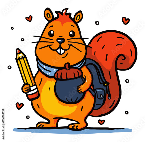 Cheerful Cartoon Squirrel with Pencil and Backpack Ready for Art Adventure