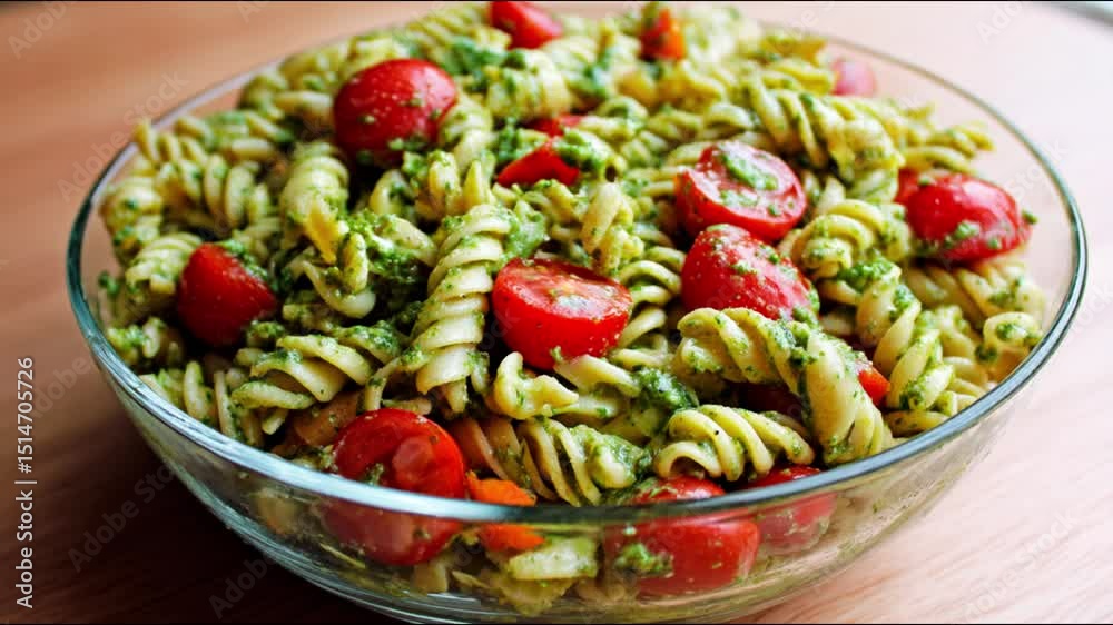 A refreshing bowl of pasta salad with cherry tomatoes and pesto sauce. A refreshing bowl of pasta salad with cherry tomatoes and pesto sauce.