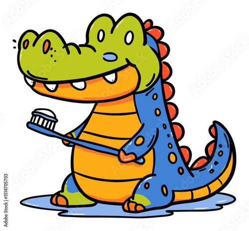 Playful Cartoon Alligator Character Brushing Teeth in Colorful and Fun Style