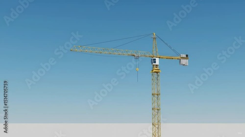 Tall industrial construction crane on a clear blue sky background. Industrial equipment for heavy lifting and building work. Building process footage.