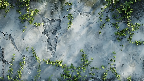  A close-up of a weathered concrete wall with climbing vines growing through cracks