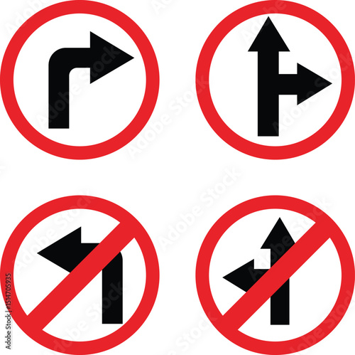 Road sign icon set.Direction of movement. Warning different road sign.Permitted directions of movement at intersections, junctions and other sections of the road.Warning sign, attention road sign.