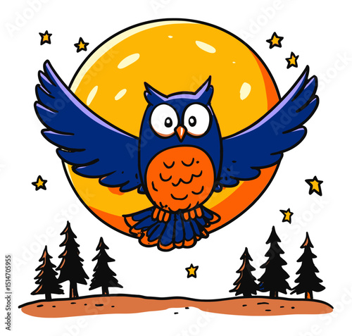 Colorful Cartoon Owl Flying Against Bright Moon and Pine Tree Silhouette Background