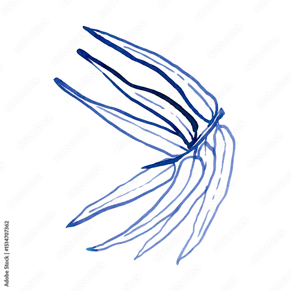 Fototapeta premium Watercolour hand drawn tropical leaves, brush line technique, blue leaves hand drawn.Ude as print, poster, element design, textile, fabric, sticker, tattoo, invitation, greeting card, package design.
