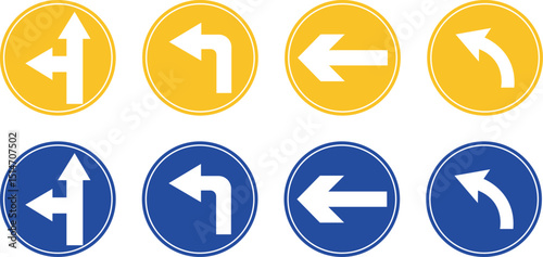 Road sign icon set.Direction of movement. Warning different road sign.Permitted directions of movement at intersections, junctions and other sections of the road.Warning sign, attention road sign.