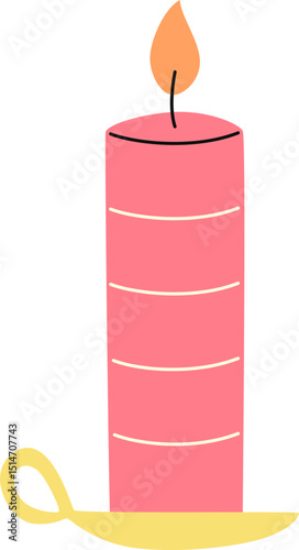 Lit Candle Illustration. Decorative burning candle in holder for therapy, romantic, spiritual, relaxation. Candlelight flame vector isolated.