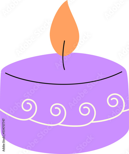 Lit Candle Illustration. Decorative burning candle in holder for therapy, romantic, spiritual, relaxation. Candlelight flame vector isolated.
